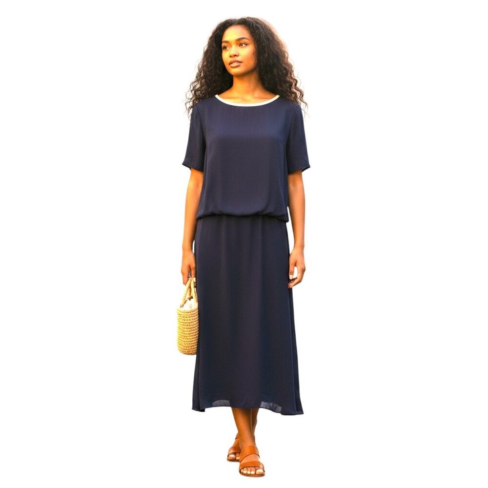 Talbots Navy Blue Blouson Style Midi Dress 14 Crepe Office Party Normcore
